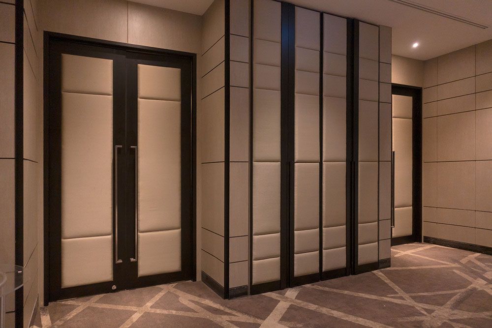 Fabric panels door covered acoustic board pattern surface texture in hotel. Interior material for design decoration background